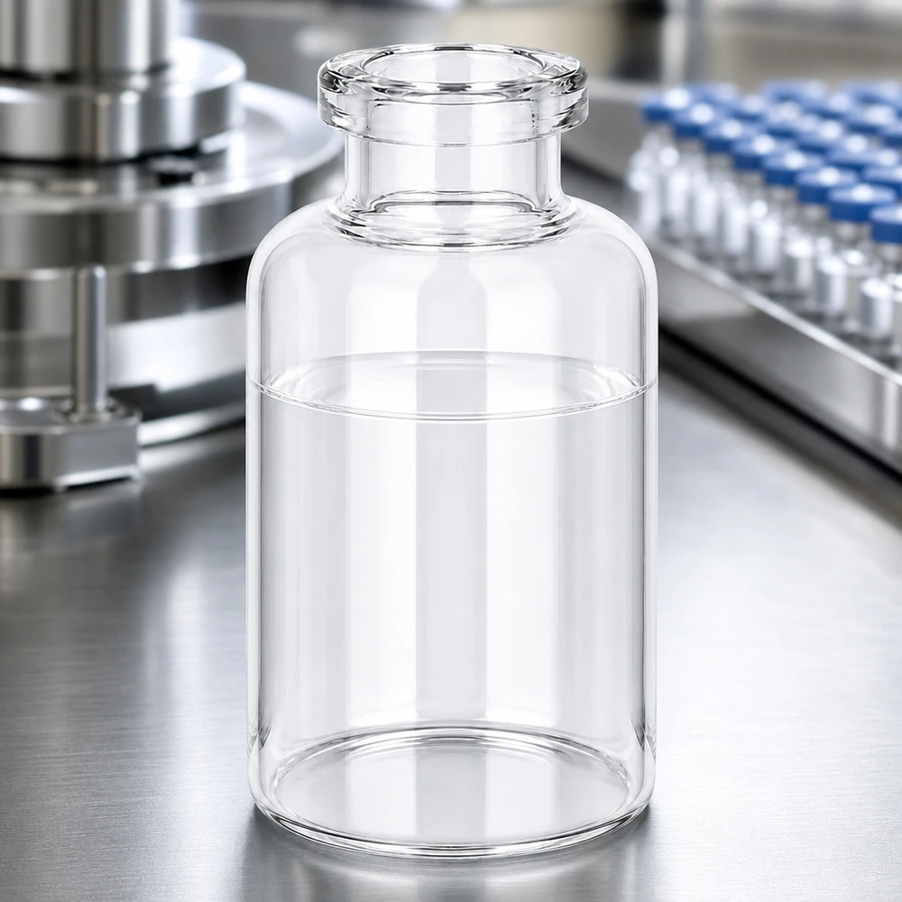 Injektionsflaske i klart glas 30 ml Medizinische Injektionsflasche Klarglas 30ml neben befüllten Blaukapsel-Vials in Produktionsanlage
