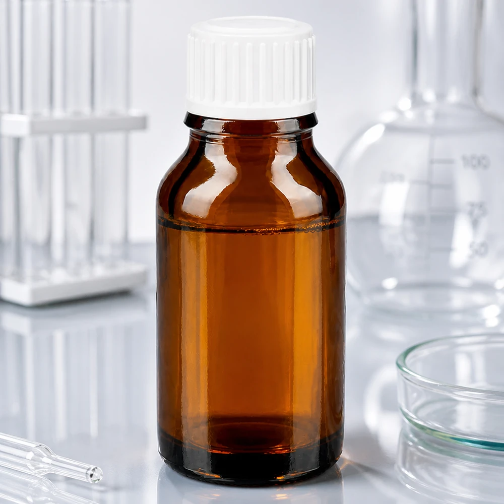 Apoteksflaske brun 30ml skruelåg hvid pc Lille brun medicinflaske på 30 ml med hvid standardprop i laboratoriemiljøet