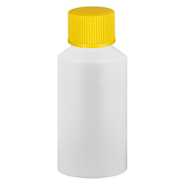 Apoteksflaske HDPE 50ml hvid, med gul SV Apoteksflaske HDPE 50ml hvid, med gul SV