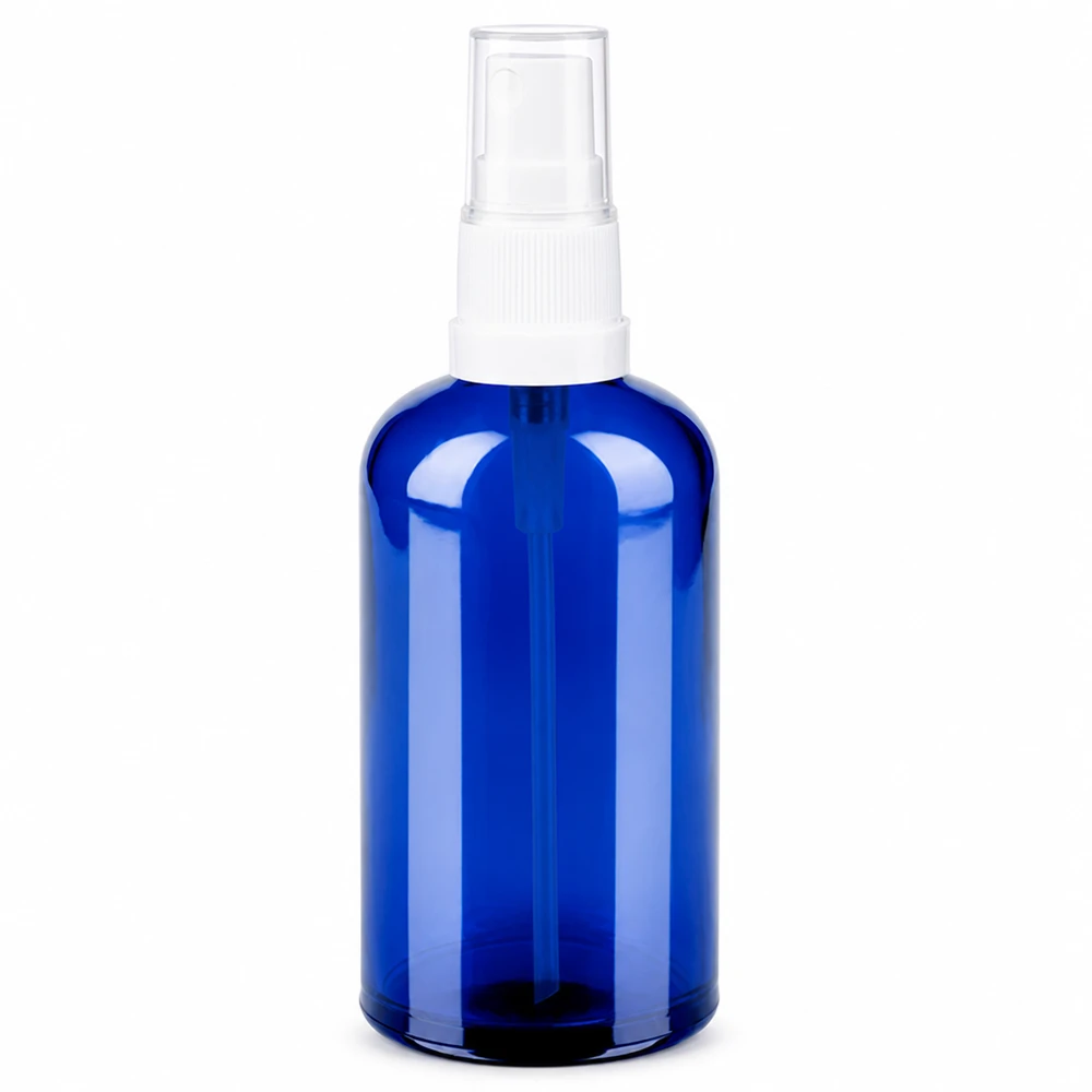 100 ml blå glasflaske med hvidt sprayhoved til kosmetik og aromaterapi
