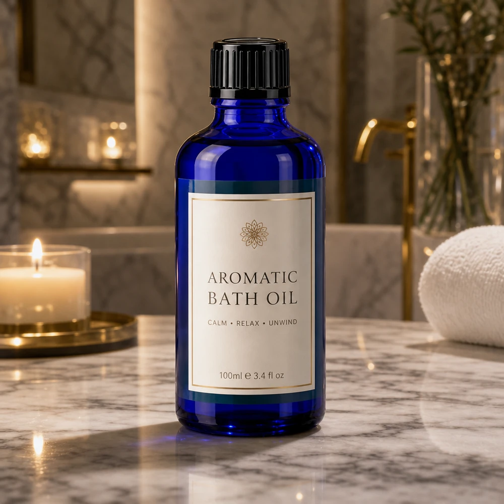 Blå 50 ml glasflaske med sort dråbeforsegling i et elegant badeværelse med marmorindretning