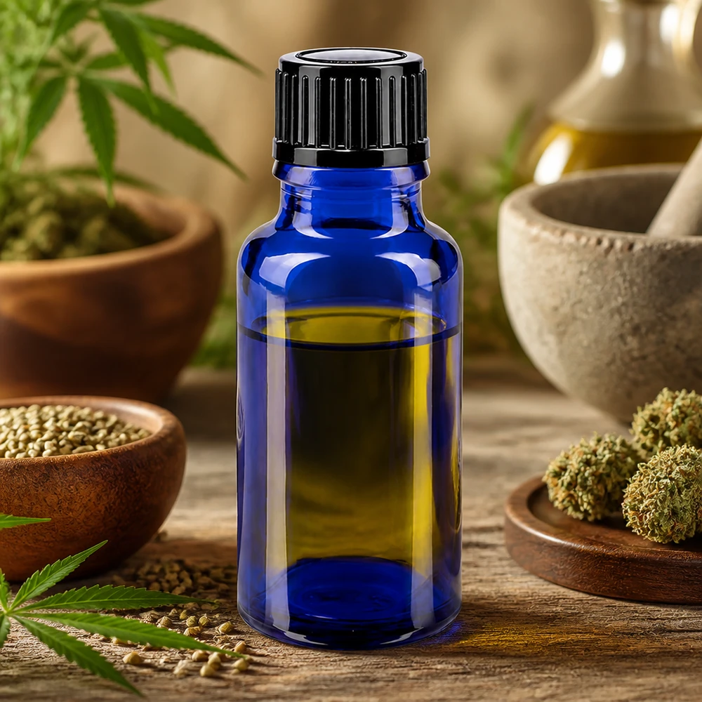 Apoteksflaske blå 20ml dryp v. 1mm sort pc Blå 20 ml apotekerflaske med 1 mm dråbeåbning og sort låg til CBD-olie