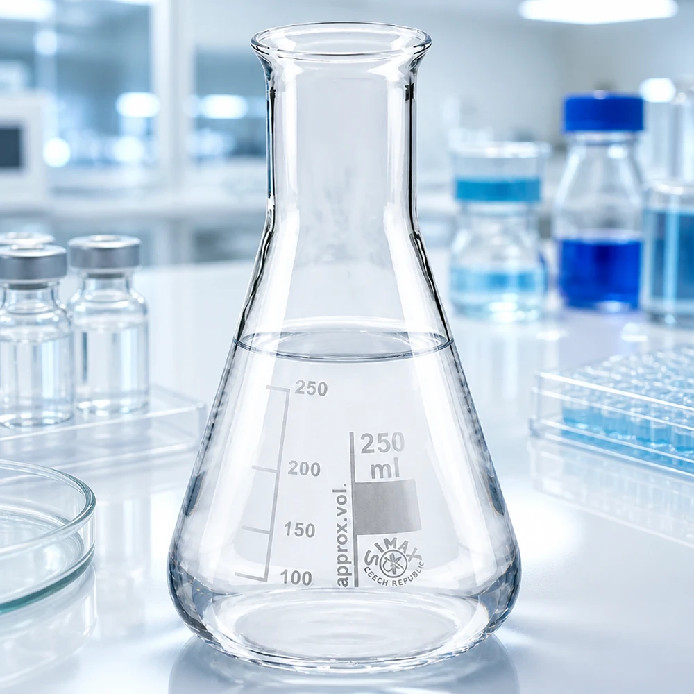 250 ml laboratoriekolbe med smal hals og tud til nem dekantering af væsker