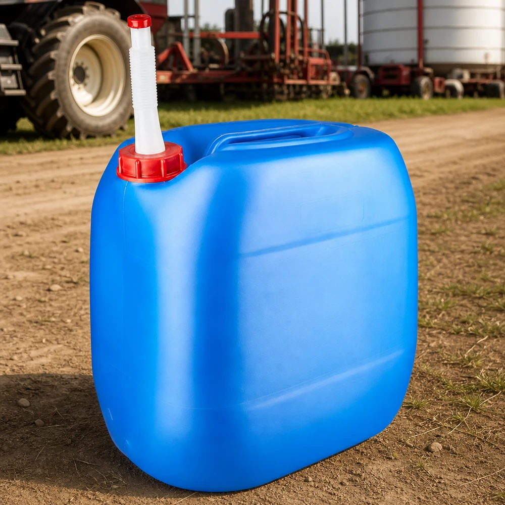 Blå landbrugsdunk på 30 liter med rødt låg og udløbsrør foran en traktor på en markvej