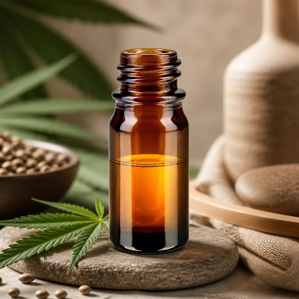 Dropperflaske 5 ml DIN 18 lavet af ravfarvet glas 5 ml brun apoteksflaske ApoGlas med cannabisblad hampfrø og bambusdekoration til CBD-olie