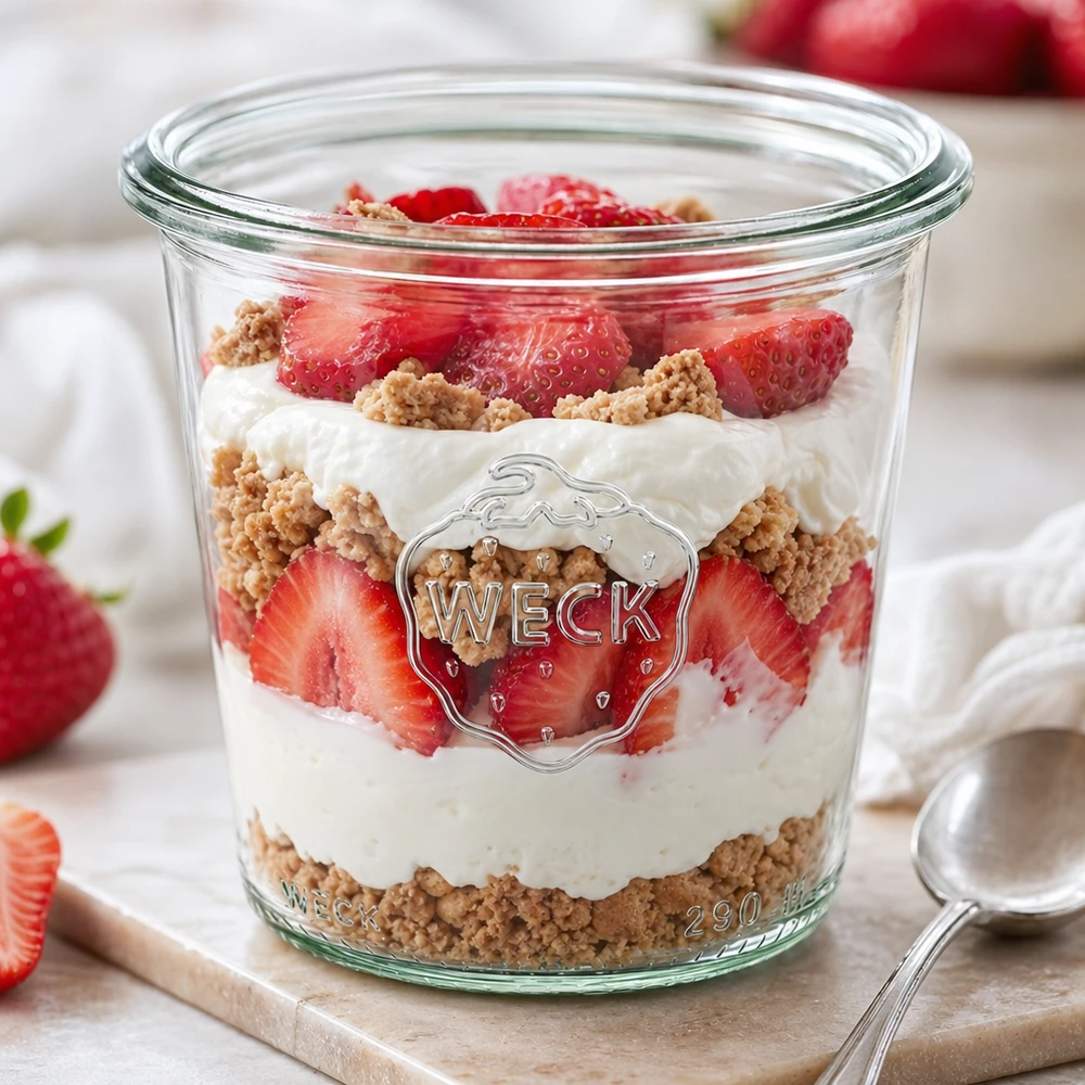 290 ml højt glas med skrå kant, WECK RR80 WECK 290ml Sturzglas RR80 mit Erdbeer-Dessert Schichtdessert Joghurt Kekse gefüllt Einmachglas hoch
