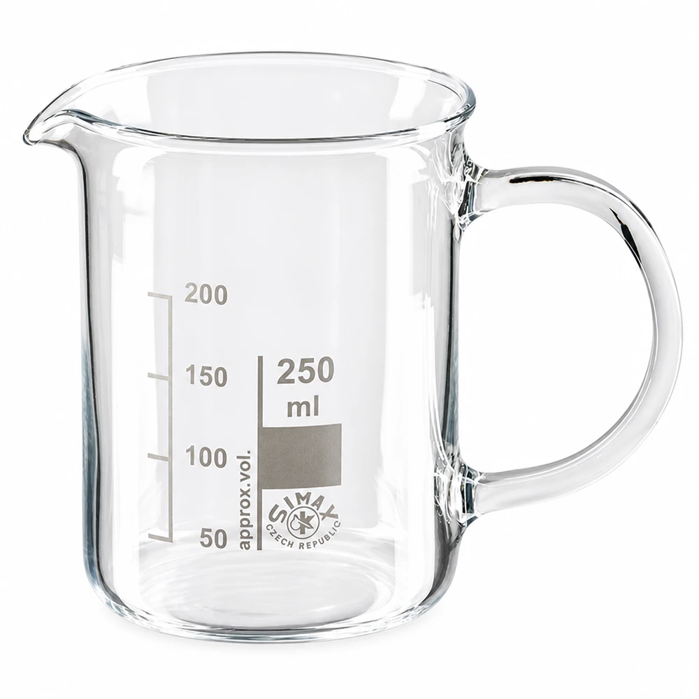 Bæger 250 ml borosilikatglas, med håndtag 250 ml bæger af borosilikatglas med hank og milliliterskala på hvid baggrund