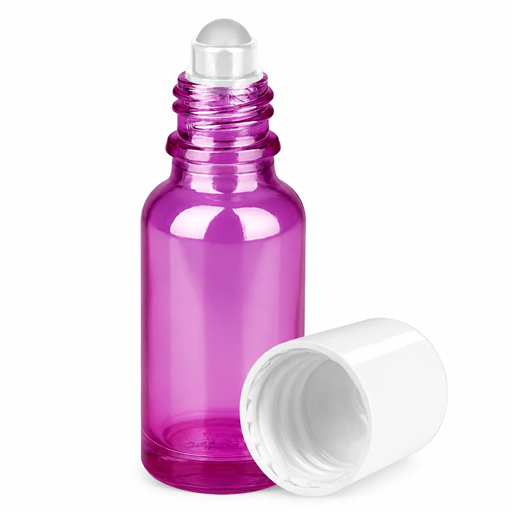 20 ml roll-on-flaske hvid standard PurpleLine UT18/20 Lilla 20 ml roll-on-glasflaske med metalkugleapplikator til præcis påføring af olier