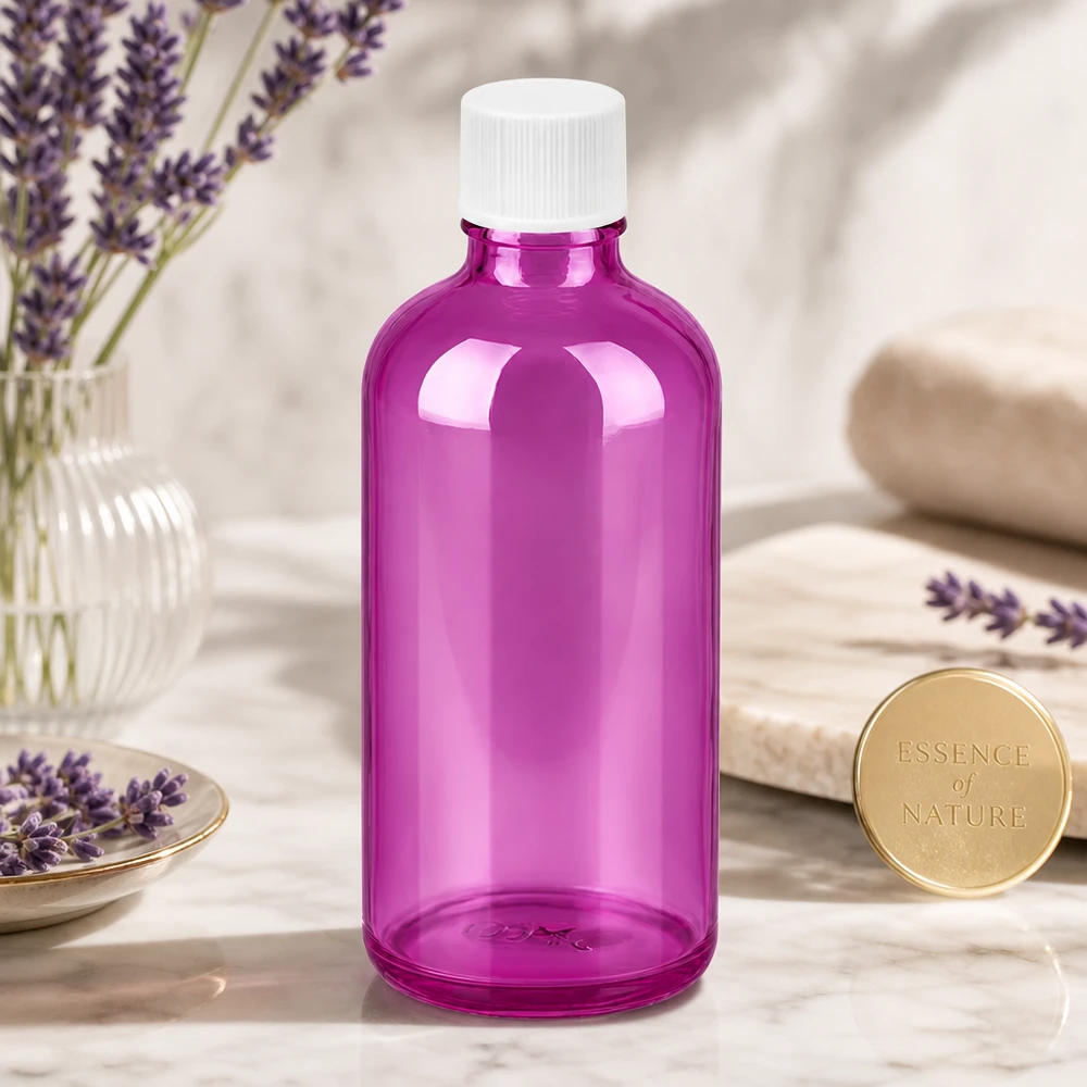 100 ml flaske 11 mm skruelåg hvid standard PurpleLine UT18/100 100 ml-flaske af høj kvalitet i et trendy lilla design med et praktisk hvidt skruelåg