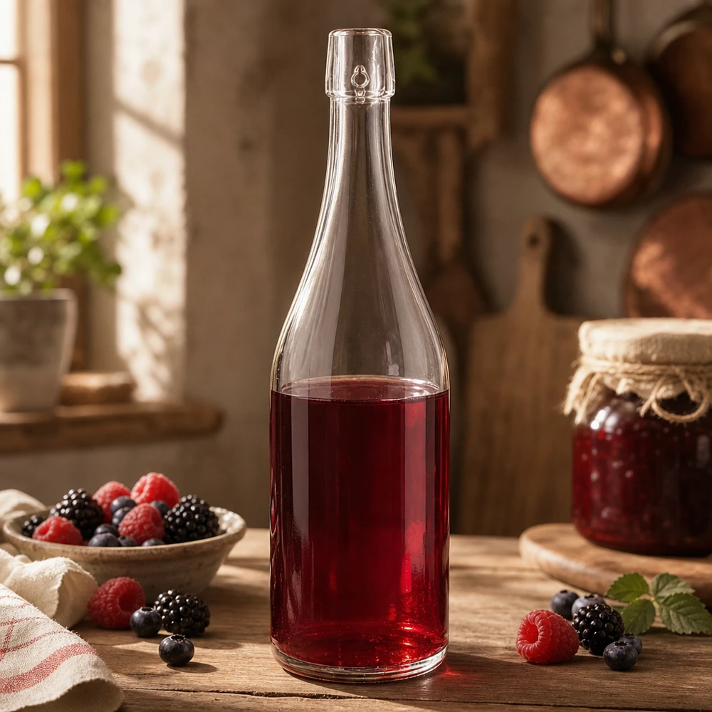 750 ml glasflaske uden skruelåg UNiTWIST 750 ml UNiTWIST-glasflaske fyldt med bærsaft fra det rustikke køkken blåbær hindbær brombær Anvendelse