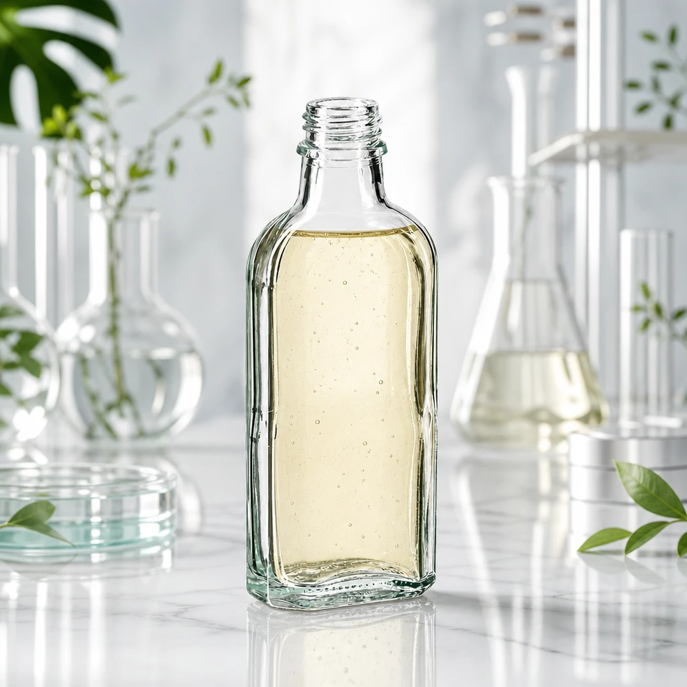 Fyldt 100 ml Meplat-flaske, gennemsigtig med gullig væske og DIN22-gevind, til brug i laboratoriemiljø