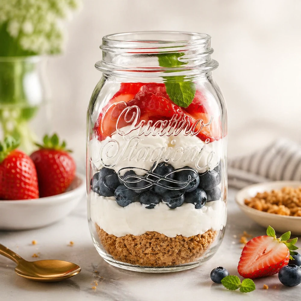 500 ml husholdningsglas "Quattro Stagioni" 500 ml Quattro Stagioni husholdningsglas fyldt med en lagdelt dessert af kiksebund, yoghurt, blåbær og jordbær