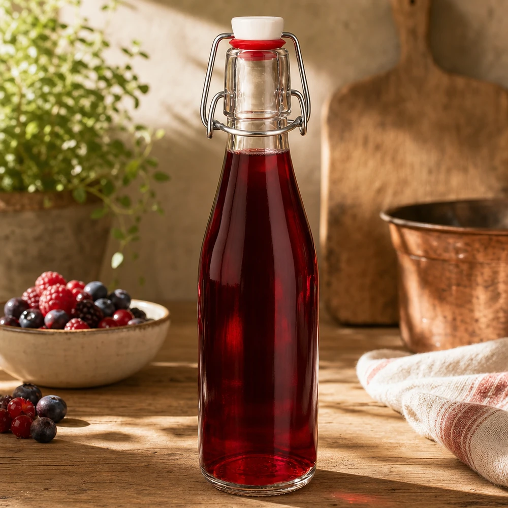 250 ml glasflaske og hængelåg i porcelæn UNiTWIST 250ml Glasflasche mit Bügelverschluss gefüllt mit rotem Beerensaft, dekoriert mit frischen Beeren in rustikaler Küche