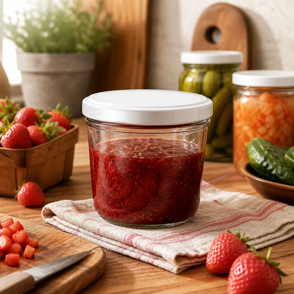 230 ml Briller med BasicSeal-låg hvid UNiTWIST 230 ml murerbalje med jordbærmarmelade i et hyggeligt køkken - ideel konserveringskrukke til hjemmelavet marmelade