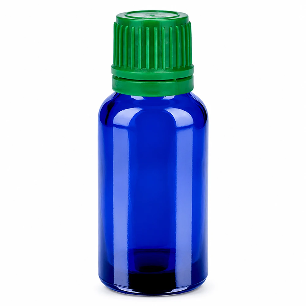 20 ml flaske 11 mm SV grøn OV BlueLine UT18/20 20 ml blå glasflaske med grønt skruelåg til æteriske olier og kosmetik
