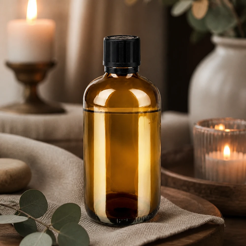 Apotfl. brun 100ml dryp v. Pr 1mm s. KiSi Bliw OV 100 ml apotekerflaske af brunt glas med sort originalitetslukning på et træfad ved siden af eukalyptusgrene og et stearinlys