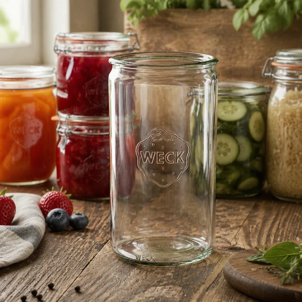 WECK RR100 cylinderglas 1590ml transparent på træbord med syltetøjsglas og konserves i baggrunden