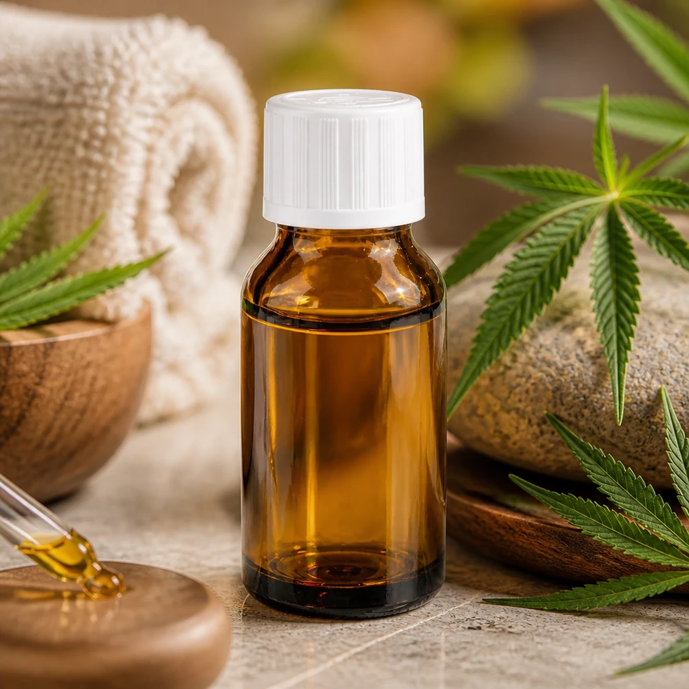 CBD-olie i en ravfarvet 30 ml dråbeflaske med hvid børnesikret låg og cannabisblade