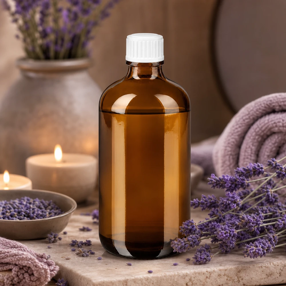 Apoteksflaske brun 100ml skruelåg hvid pc Brun apotekerflaske på 100 ml med hvid prop, omgivet af lavendel og stearinlys