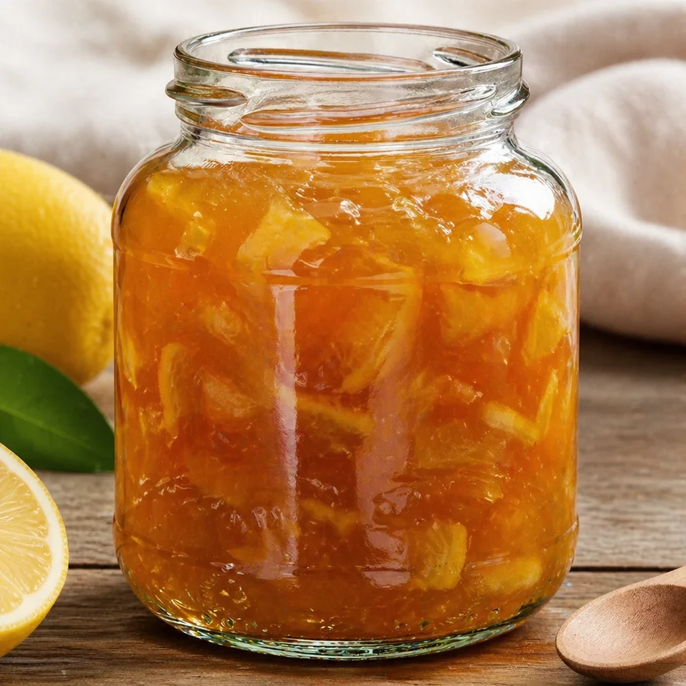 UNiTWIST Oval370 - Ovalt glas med en kapacitet på 370 ml TO66 UNiTWIST Oval370 syltetøjsglas 370 ml fyldt med appelsinmarmelade ved siden af citron på en træbase