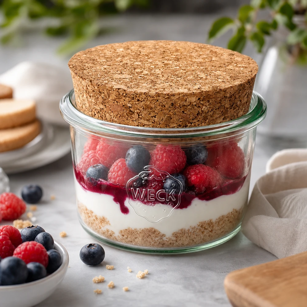 80 ml Briller WECK RR60 med kork natur WECK-bægre 80 ml RR60 med kork som dessertglas til bær-tiramisu-lagdelt dessert i perfekte portioner