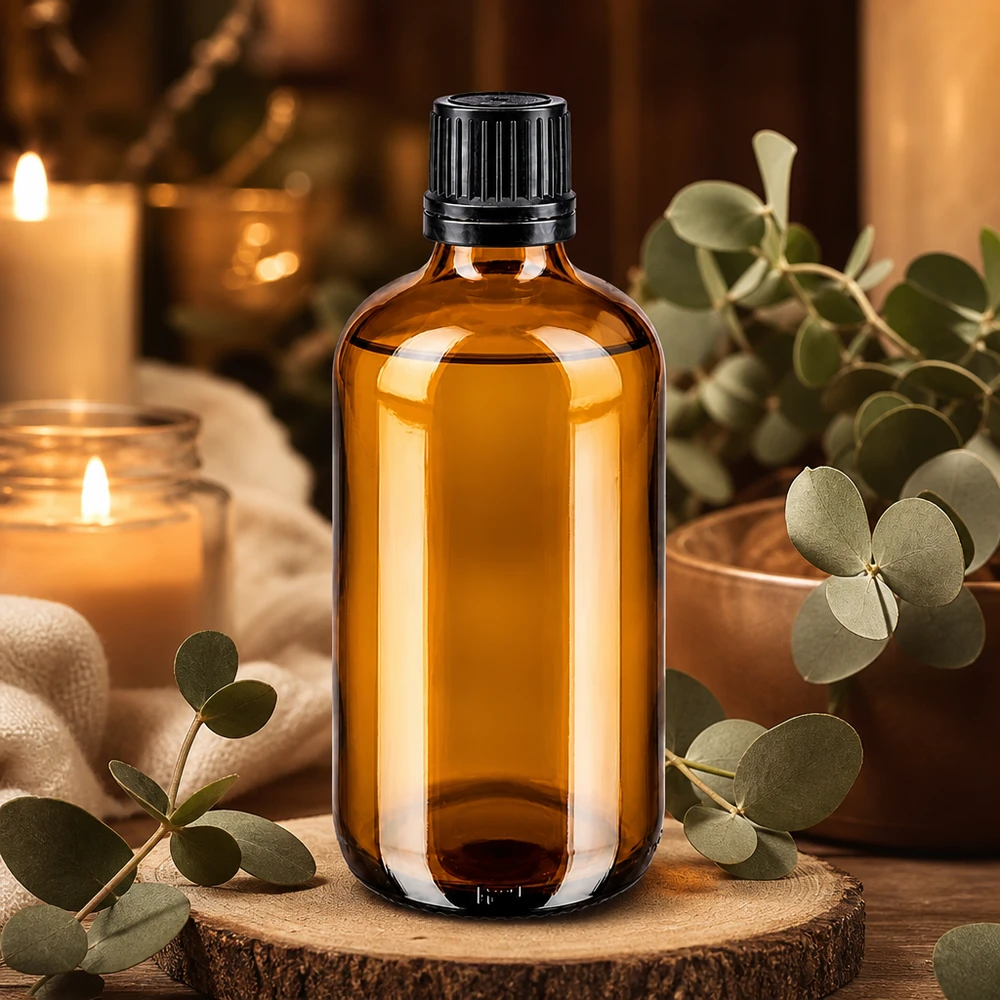 Apoteksflaske brun 100ml skruelåg sort hælde r. OV 100 ml apoteksglasflaske i ravfarve med børnesikret sort låg