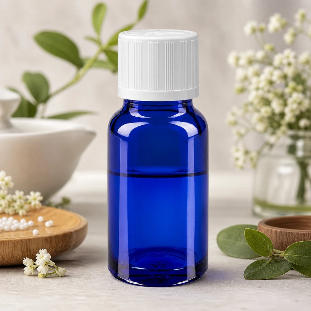 Blå 10 ml dråbeflaske med hvid børnesikret låg blandt urteplanter og blomster