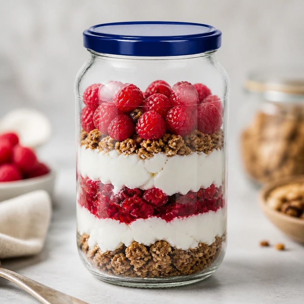 1062 ml rund krukke + BasicSeal-låg blå UNiTWIST 1062 ml rund krukke BasicSeal-låg blå UNiTWIST dessertparfait lagdelt dessert yoghurt bær granola dessert