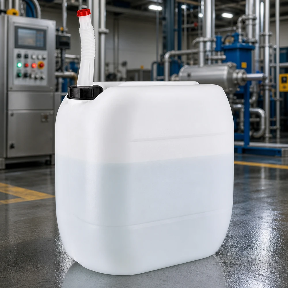 30 liters beholder med Flex-udløbsrør 30-liters industrikanister med bøjeligt udløbsrør i brug foran et produktionsanlæg