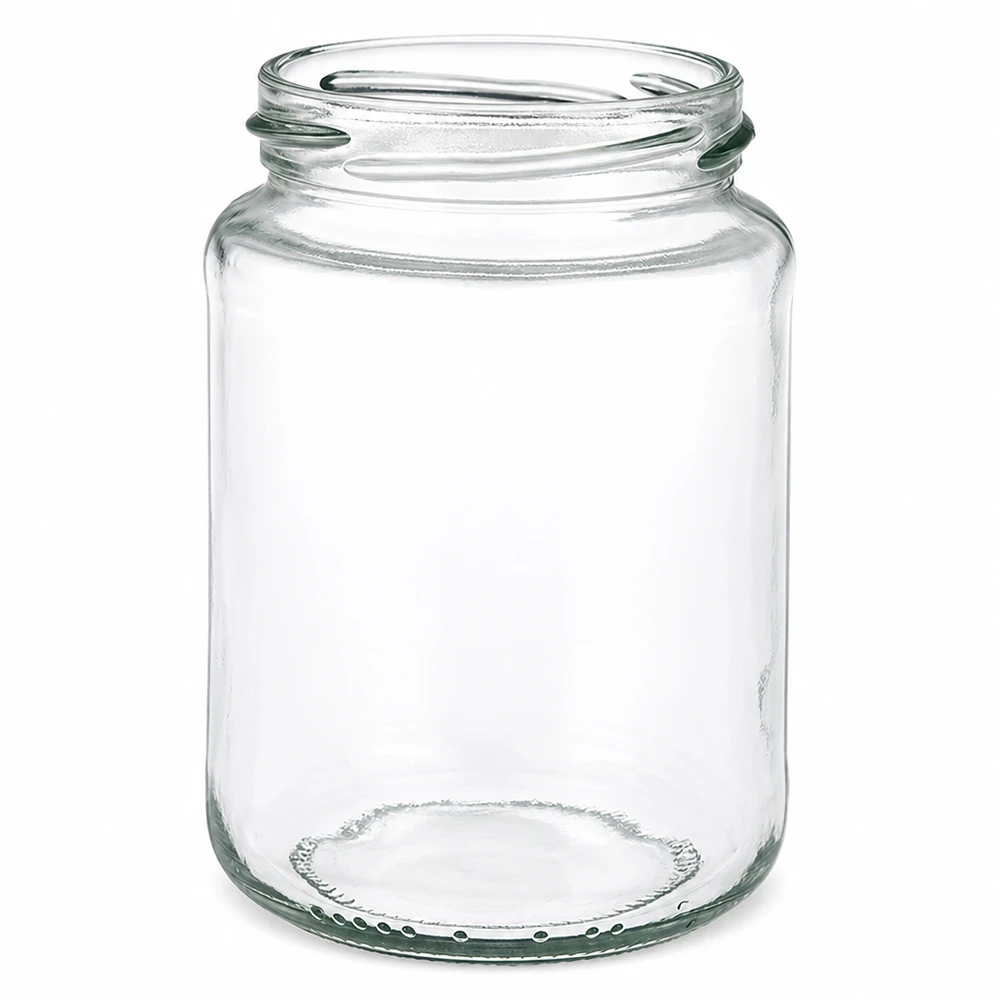 UNiTWIST Runda382 - Rund krukke med en kapacitet på 382 ml TO66 Tomt UNiTWIST Runda382 rundt glas 382 ml med TO66-tråd transparent på hvid baggrund
