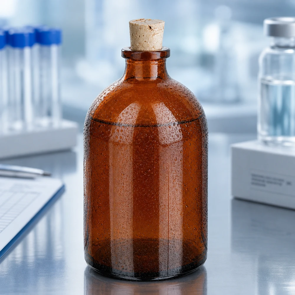 Flaske ravfarvet glas 100ml med kork 11/14mm Robuste Reagenzflasche 100ml aus braunem Borosilikatglas mit traditionellem Korkstopfen
