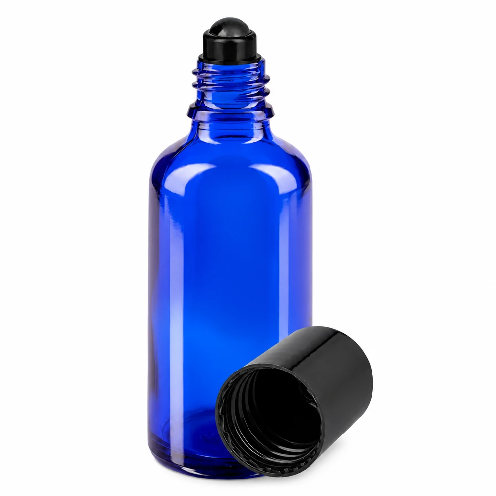 Apoteksflaske blå 50 ml roll-on-hætte sort 50 ml blå roll-on-flaske af apotekerglas med sort rullekugle og skruelåg
