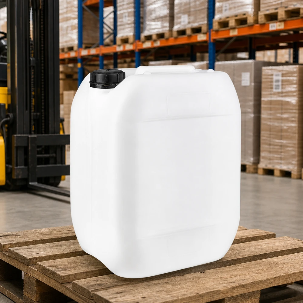 Beholder 10 liter med skruelåg OV Tom 10-liters plastdunk på en træpalle i et lager med en gaffeltruck i baggrunden