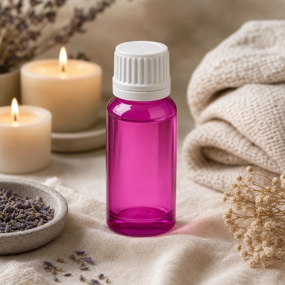 20 ml flaske 11 mm skruelåg hvid Originality skruelåg PurpleLine UT18/20 20 ml PurpleLine-glasflaske i høj kvalitet med UV-beskyttelse og hvidt skruelåg til aromaterapi