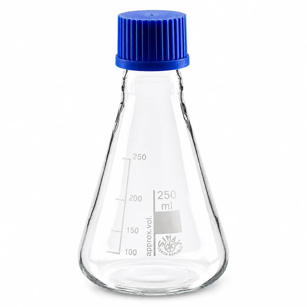 Erlenmeyer-kolbe 250 ml med skruelåg Konisk Erlenmeyer-kolbe 250 ml med graduering og blå hætte til præcise målinger
