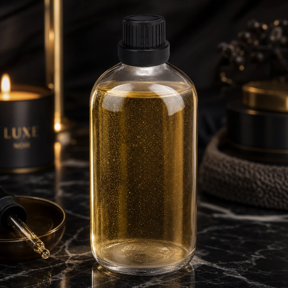 100 ml dråbeflaske 2 mm sort OV ClearLine UT18/100 Guldfarvet olie i 100 ml dråbeflaske af klart glas med sort OV-lukke ClearLine UT18