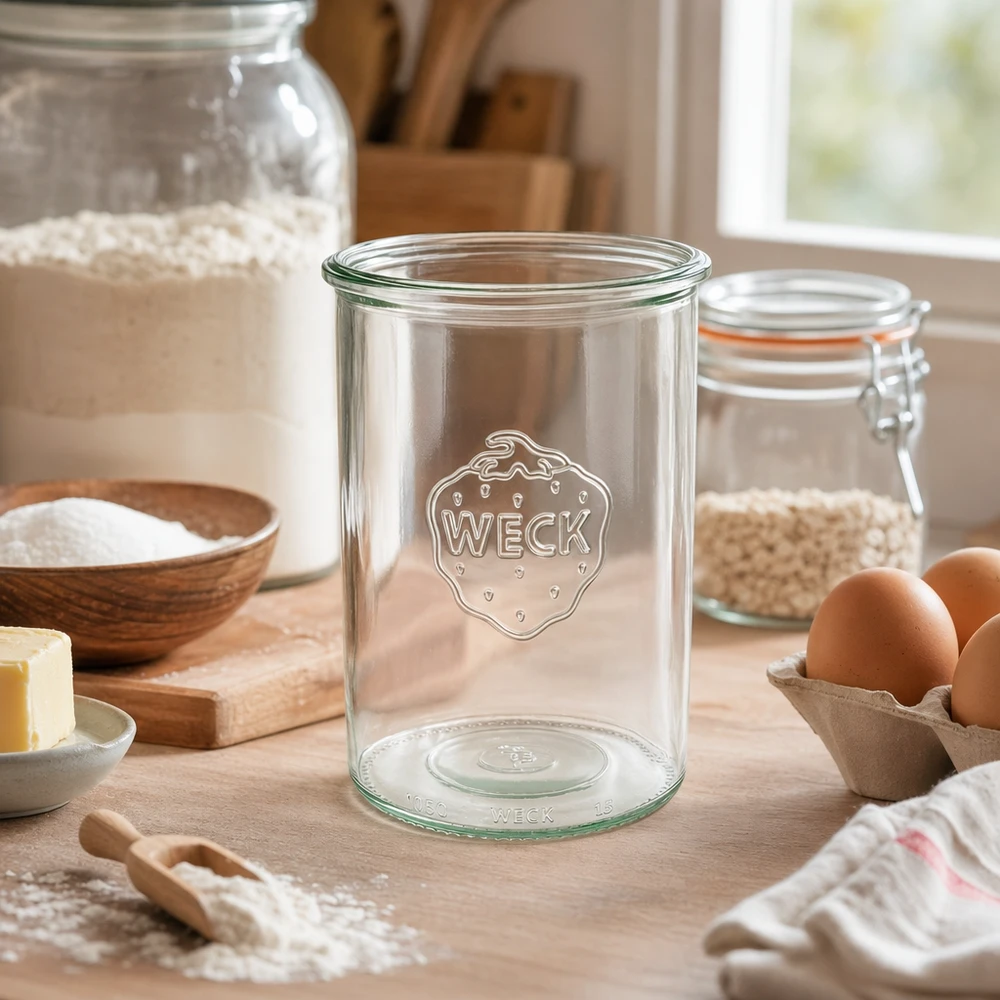 1000 ml WECK RR100-glas med skrå kant 1000 ml WECK RR100 murerbalje med logo i rustikt køkken med bageingredienser og æg