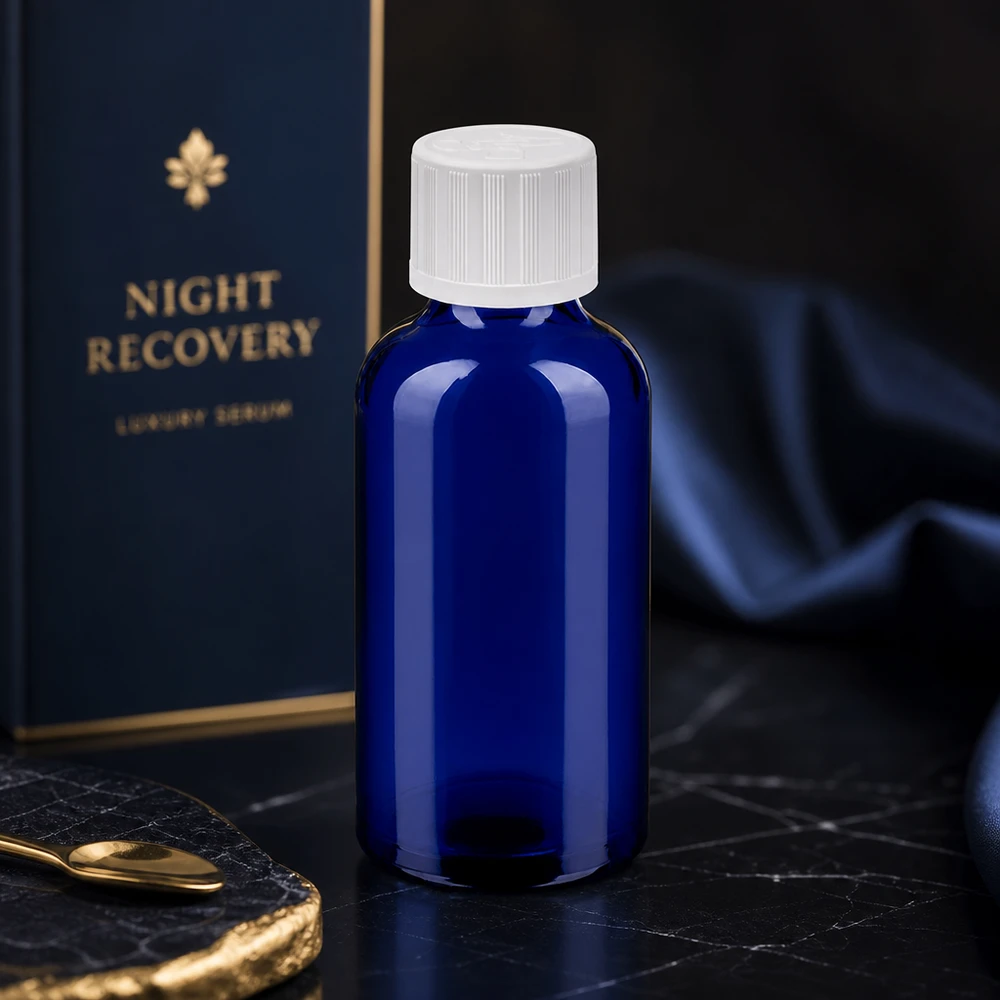 50 ml flaske 11 mm SV m. STD KiSi BlueLine UT18/50 Kompakt 50 ml glasflaske med UV-beskyttelse takket være blå farve og hvid hætte