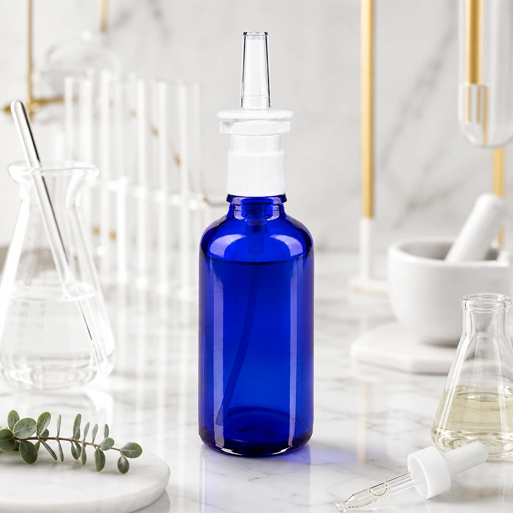 Blå 50 ml apoteksnæsesprayflaske af glas med gennemsigtig sprøjtespids i laboratoriemiljø