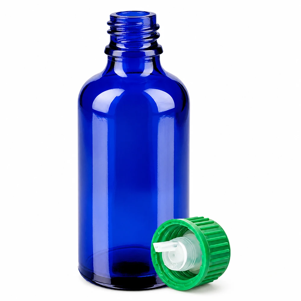 Blå glasflaske 50 ml med 0,8 mm dråbehætte til æteriske olier og tinkturer