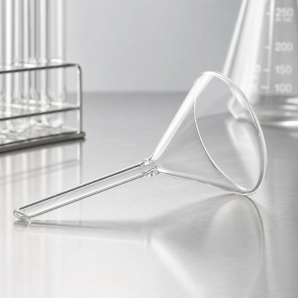 Tragt Ø 70 mm sodakalk, vinkel 60°, kort model Kortskaftet glastragt 70 mm i diameter, gennemsigtig, fremstillet af sodakalkglas til laboratoriebrug