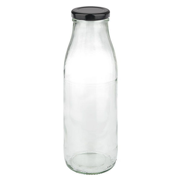 500 ml glasflaske + BasicSeal-låg sort UNiTWIST. Absolut lækagesikker med stort TO48-låg. Til mælk, juice og limonade.