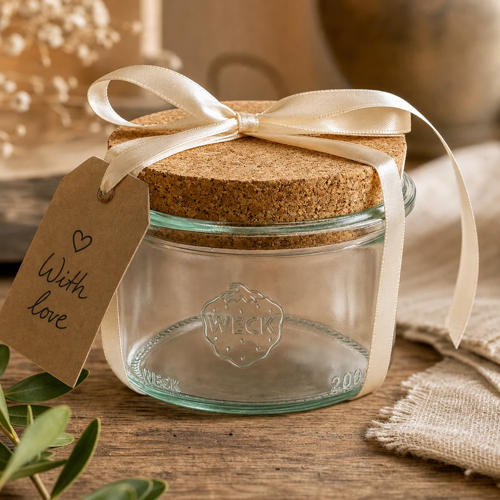 200 ml Briller WECK RR80 med kork natur WECK-glas 200 ml RR80 dekorativt pakket med bånd og gavemærke With Love som en gaveidé