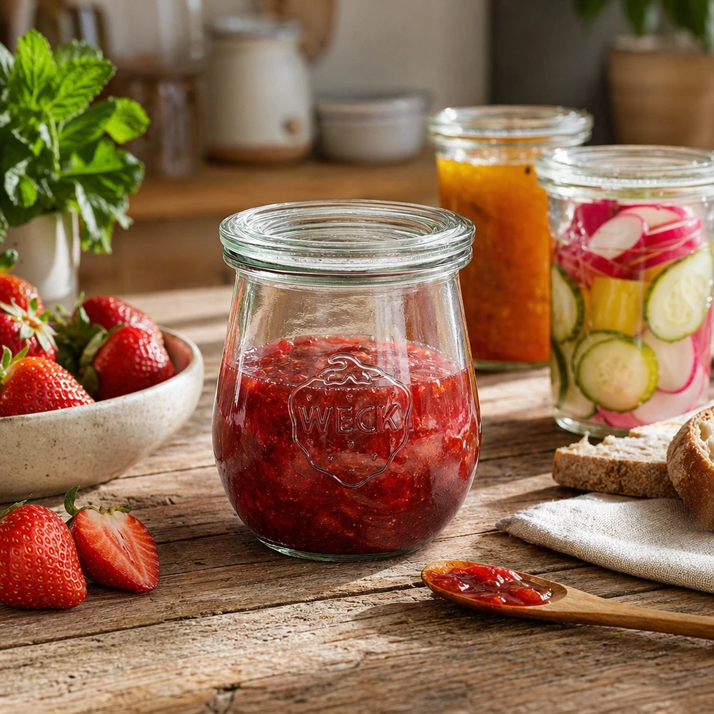 220 ml tulpanglas med glaslåg WECK RR60 WECK tulipankrukke 220 ml RR60 med jordbærmarmelade i et rustikt køkken med andre syltekrukker og friske ingredienser