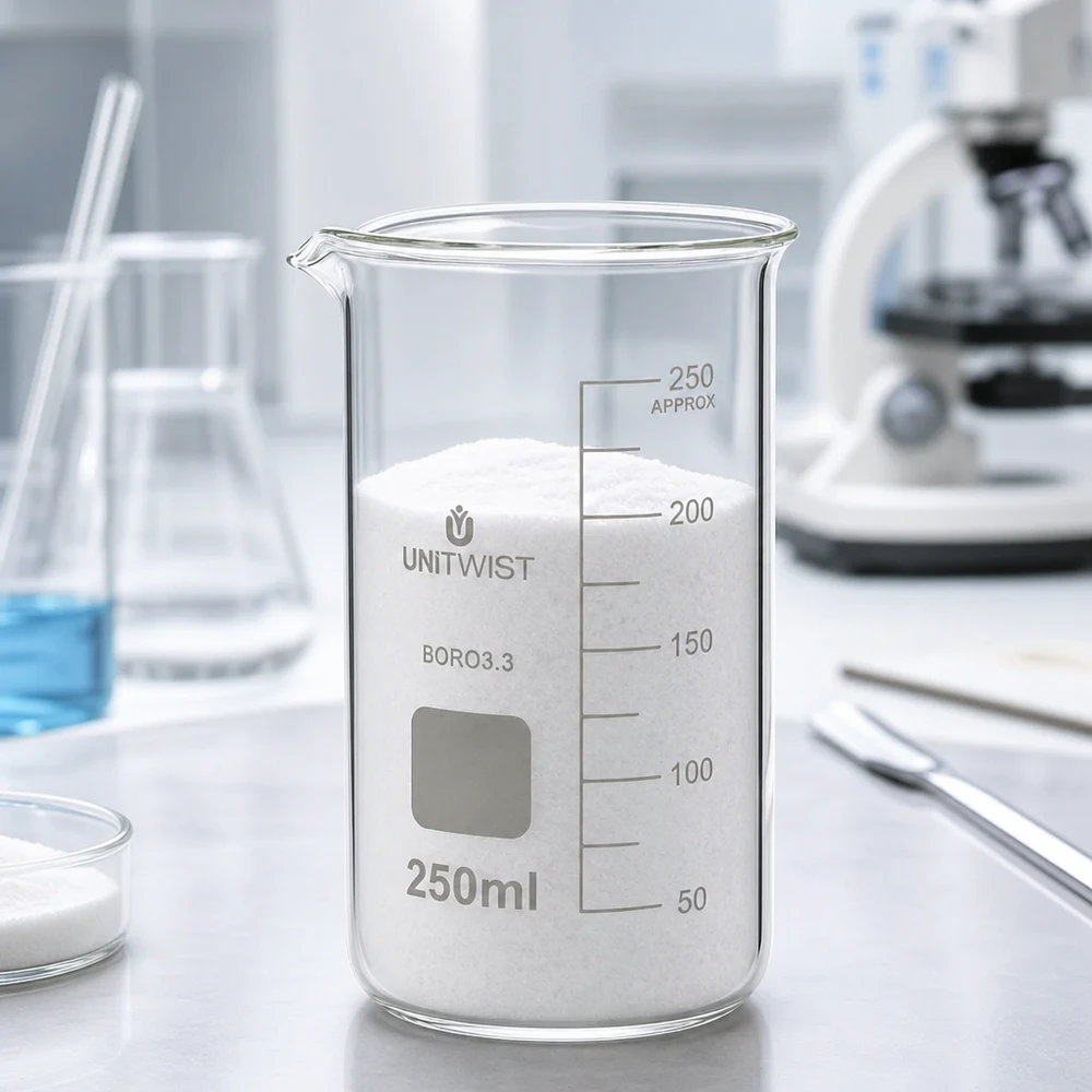 UNITWIST-bægerglas, 250 ml, høj model, fyldt med hvidt pulver på en laboratoriebordplade