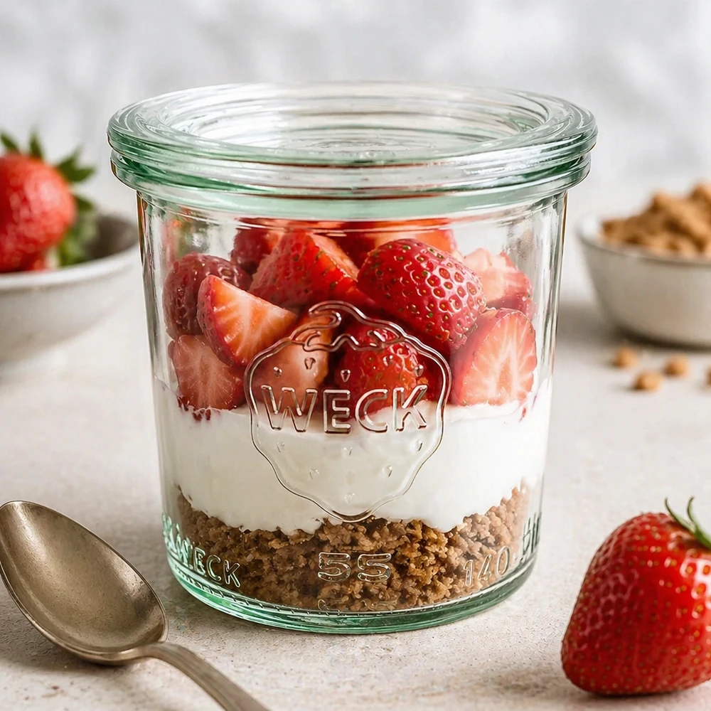 WECK 140 ml krukke med glaslåg RR60 | Premium-kvalitet WECK Sturzglas 140ml RR60 mit Joghurt Müsli Erdbeeren gefüllt als Dessertglas auf weißer Marmorplatte Frühstück