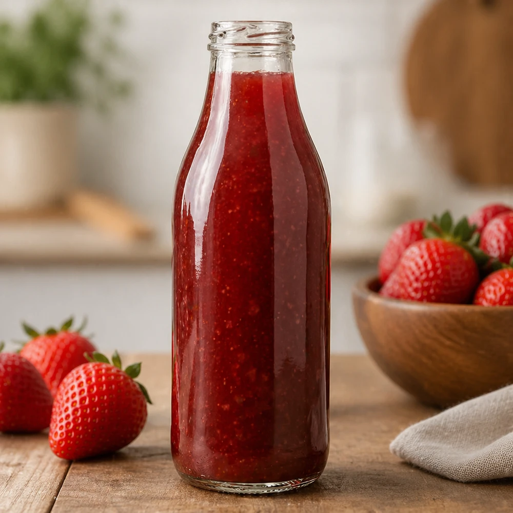 1000 ml glasflaske uden låg (TO48) UNiTWIST. Absolut lækagesikker med stor åbning. Til mælk, juice og limonade. Kræver TO48-låg 1000 ml glasflaske TO48 UNiTWIST fyldt med jordbærsaft i køkkenet Anvendelse eksempel rød smoothieflaske