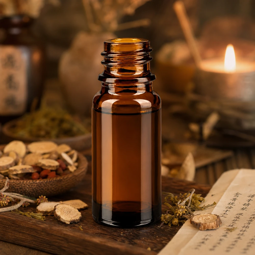 Dropperflaske 10 ml DIN 18 lavet af ravfarvet glas 10 ml brun apotekerflaske ApoGlas med asiatiske lægeurter og levende lys i en traditionel TCM-atmosfære