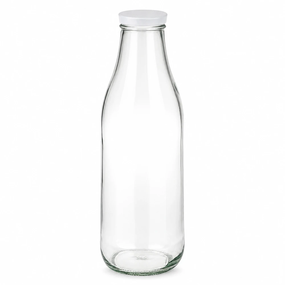 1000 ml glasflaske + BasicSeal-låg hvid UNiTWIST. Absolut lækagesikker med stort TO48-låg. Til mælk, juice og limonade. 1000 ml glasflaske med hvidt BasicSeal-låg FN-certificeret, gennemsigtig, tom opbevaringsbeholder Mælkeflaske