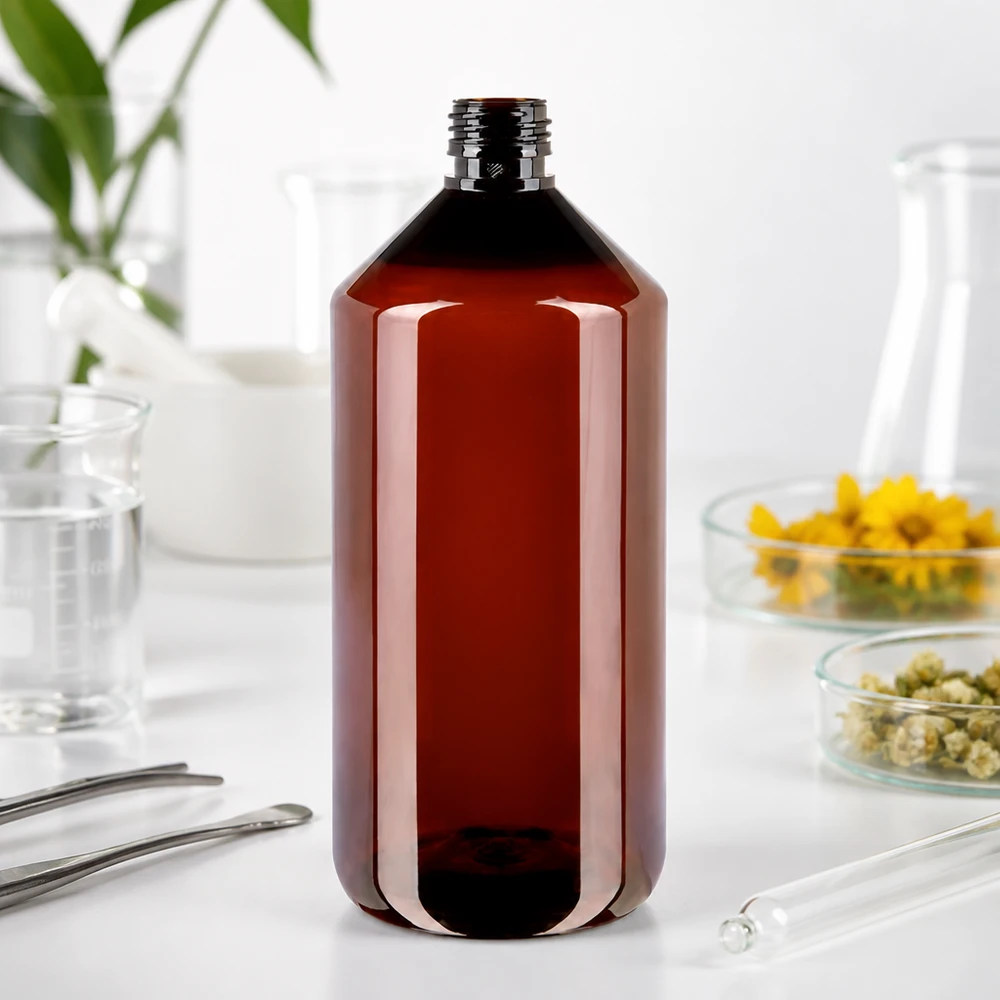 PET-flaske 1000 ml PP28 uden låg Ravfarvet rund PET-flaske, 1000 ml, cylindrisk form, PP28-gevind, til farmaceutiske og kosmetiske produkter